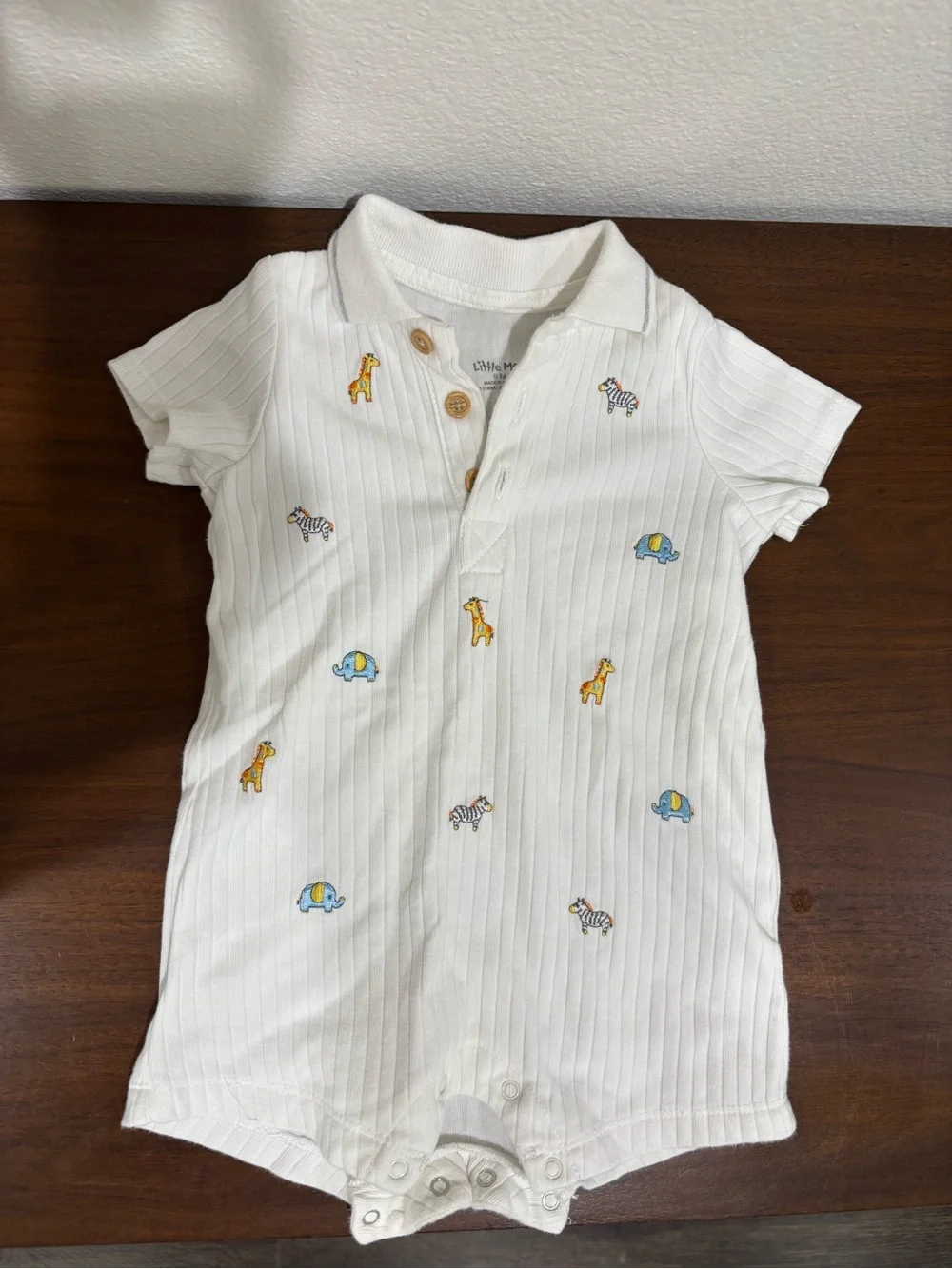 Little Me White Polo Romper with Yellow Giraffe & Blue Elephant Embroidery